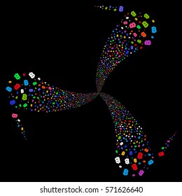 Baht fireworks swirl rotation. Vector illustration style is flat bright multicolored iconic symbols on a black background. Object twirl made from random symbols.
