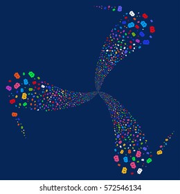 Baht fireworks swirl rotation. Vector illustration style is flat bright multicolored iconic symbols on a blue background. Object whirlpool combined from random pictograms.