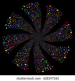 Baht fireworks swirl rotation. Vector illustration style is flat bright multicolored iconic symbols on a black background. Object twirl constructed from random pictographs.