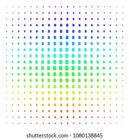 Baht icon rainbow colored halftone pattern. Vector items arranged into halftone grid with vertical spectrum gradient. Designed for backgrounds, covers and abstract effects.