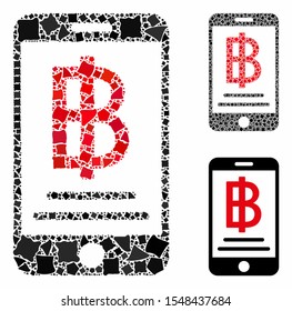 Baht mobile payment mosaic of humpy items in various sizes and color tones, based on baht mobile payment icon. Vector tremulant elements are composed into mosaic.