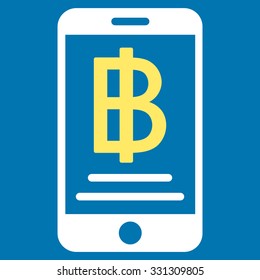 Baht Mobile Payment vector icon. Style is flat bicolor yellow and white symbol, rounded angles, blue background.