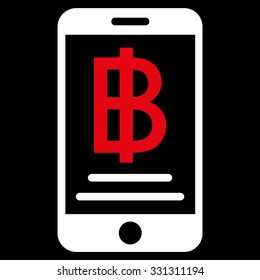 Baht Mobile Payment vector icon. Style is flat bicolor red and white symbol, rounded angles, black background.