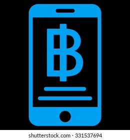 Baht Mobile Payment vector icon. Style is flat blue symbol, rounded angles, black background.