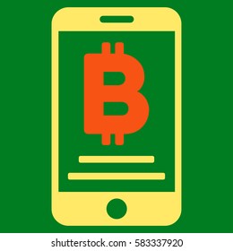 Baht Mobile Payment vector icon. Illustration style is a flat iconic bicolor orange and yellow symbol on green background.