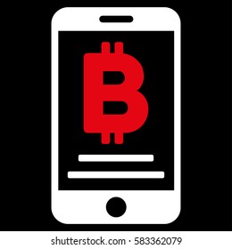 Baht Mobile Payment vector icon. Illustration style is a flat iconic bicolor red and white symbol on black background.