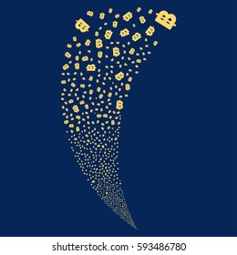 Baht random fireworks stream. Vector illustration style is flat yellow iconic symbols on a blue background. Object fountain constructed from scattered symbols.