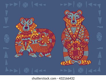 Baikal bear illustration in doodle style. Vector monochrome sketches with geometric pattern in bright colors.