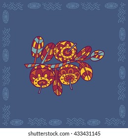 Baikal berries blueberries illustration in doodle style. Vector monochrome sketches with geometric pattern in bright colors.