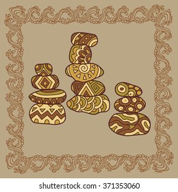 Baikal cairns illustration in doodle style. Vector monochrome sketches with geometric pattern brown beige gentle tones.