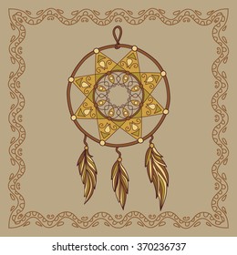 Baikal dream catcher illustration in doodle style. Vector monochrome sketches with geometric pattern brown beige gentle tones.