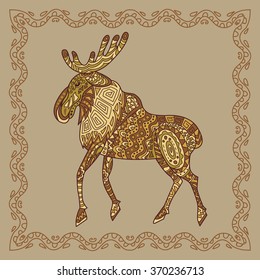 Baikal elk illustration in doodle style. Vector monochrome sketches with geometric pattern brown beige gentle tones.