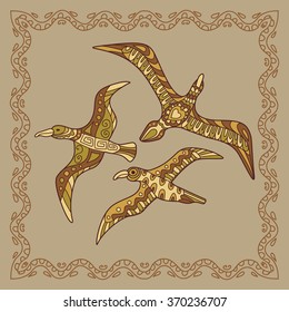 Baikal gull illustration in doodle style. Vector monochrome sketches with geometric pattern brown beige gentle tones.
