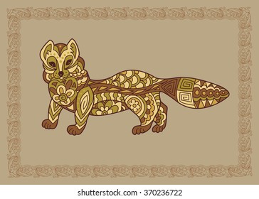 Baikal mustelidae illustration in doodle style. Vector monochrome sketches with geometric pattern brown beige gentle tones.