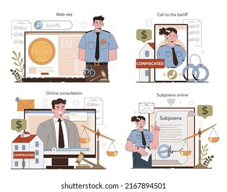 Bailiff concept online service or platform set. Court officer confiscating a property from owner. Tax fees debtor arrest. Online consultation, subpoena, call, website. Flat vector illustration