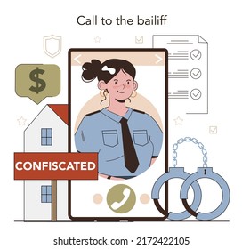 Bailiff concept online service or platform. Court officer confiscating a property from owner. Tax fees debtor arrest. Online call. Flat vector illustration