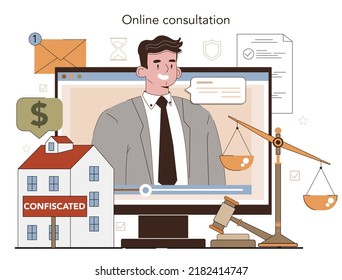 Bailiff concept online service or platform. Court officer confiscating a property from owner. Tax fees debtor arrest. Online consultation. Flat vector illustration