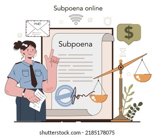 Bailiff concept online service or platform. Court officer confiscating a property from owner. Tax fees debtor arrest. Online subpoena. Flat vector illustration