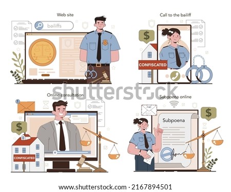 Bailiff concept online service or platform set. Court officer confiscating a property from owner. Tax fees debtor arrest. Online consultation, subpoena, call, website. Flat vector illustration