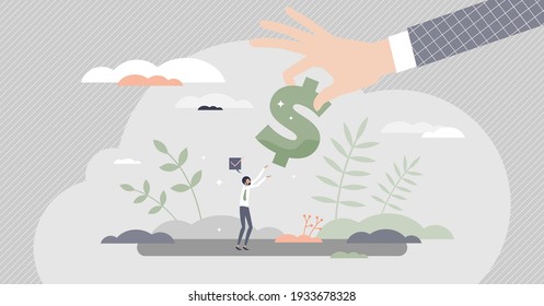 Bailout money as financial economical support in crisis tiny person concept. Business company help from government in bankruptcy problem situation vector illustration. Rescue stimulus debt payment.