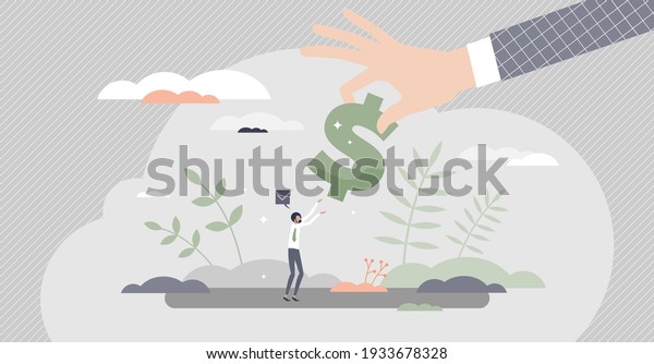 Bailout money as financial economical support in\
crisis tiny person concept. Business company help from government\
in bankruptcy problem situation vector illustration. Rescue\
stimulus debt payment.
