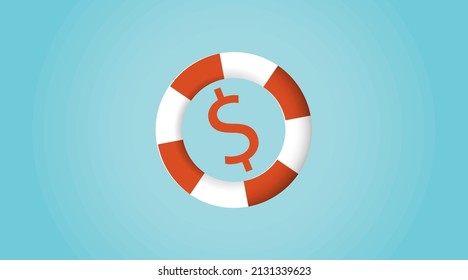 Bailout. Red And White Lifebuoy Ring With A Dollar Sign. Vector Economy Business Illustration On A Blue Background. Financial Support And Rescue Help