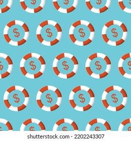 Bailout. Red And White Lifebuoy Ring With A Dollar Sign On A Blue Background. Vector Economy Business Seamless Pattern. Financial Support And Rescue Help