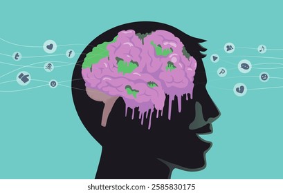 Bain rot in silhouette man's head while smile and there are icons about showing feelings, content around it. Concept about media consumption addiction, attention deficit, dopamine, and mindset.