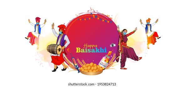 Baisakhi festival celebration with mask, vaccine and social distancing concept. During covid 19 corona virus pandemic.