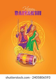 Baisakhi Festive greeting design. Happy Baisakhi logo unit. Vaisakhi festival background with illustration of Punjabi man and woman in traditional dress.