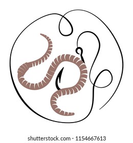 Bait the earthworm. Fishhook. Vector illustration. Flat logo Fishing tackle