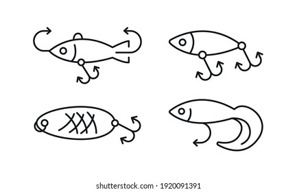 Bait for fish linear icons set. Spinner, balancer, wobbler, silicone vector simple illustration. Editable stroke