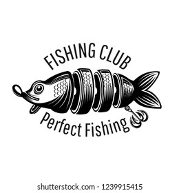 Bait fish on white in engraving style. Logo for fishing or fishing shop on white