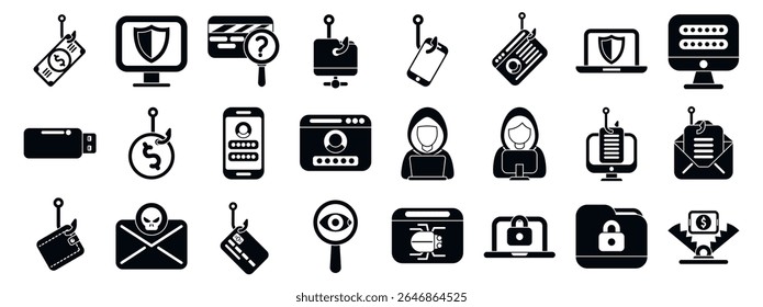  Isca hacking ícones definido. Várias ameaças de phishing e segurança cibernética que comprometem dados confidenciais por meio de táticas enganosas
