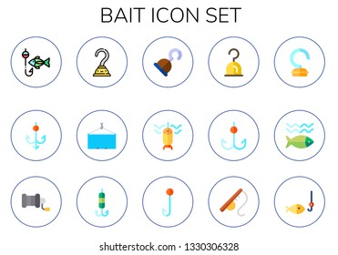 bait icon set. 15 flat bait icons.  Collection Of - fishing, hook, fishing reel, fishing rod