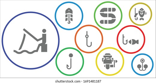 bait icon set. 9 filled bait icons. Included Fishing, Bait, Worm, Hook, Fishing reel icons