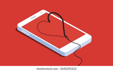 Uma isca mostrando forma de amor, golpeando através virtual on-line namoro ilustração