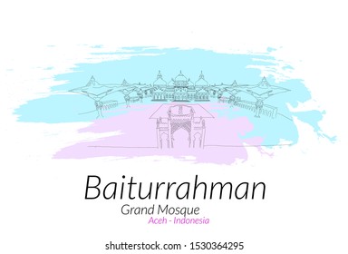 Baiturahman Grand Mosque at Banda Aceh Indonesia hand drawn sketch. Vector illustration.