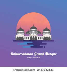 The Baiturrahman Grand Mosque, Indonesian landmark icon in Banda Aceh city, Aceh province, Indonesia. Flat design vector with futuristic color scheme.