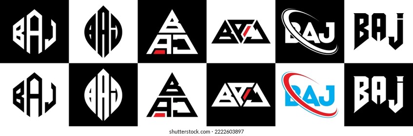 BAJ letter logo design in six style. BAJ polygon, circle, triangle, hexagon, flat and simple style with black and white color variation letter logo set in one artboard. BAJ minimalist and classic logo