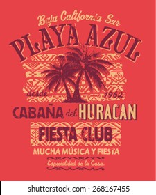 Baja California fiesta club, Vector print for summer wear in custom colors, grunge effect in separate layer