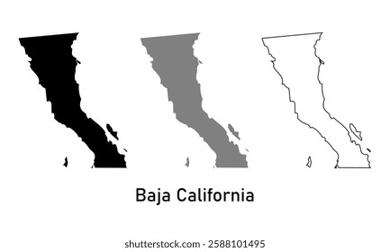 Baja California map Mexico state. map in various style outline, black, and gray