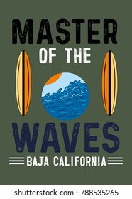 baja california master of the waves,t-shirt print poster vector illustration