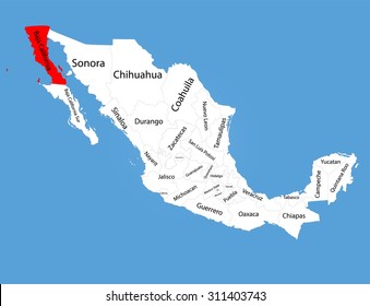 Baja California, state in Mexico, vector map silhouette isolated on Mexico map. Editable blank vector map of Mexico.