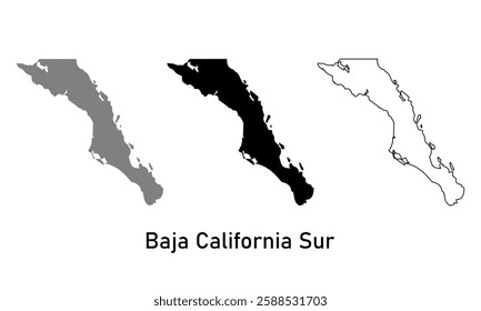 Baja California sur map Mexico state. map in various style outline, black, and gray