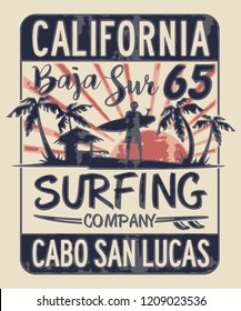 Baja California Sur Surfing Company  Vector Print For Boy T Shirt Grunge Effect In Separate Layers