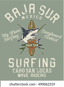 Baja California Sur Surfing Team, Vector Print For T Shirt Grunge Effect In Separate Layers