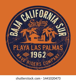 Baja California Sur Wave Surf Company  Vintage Vector Print For Kid Boy T Shirt And Beach Wear