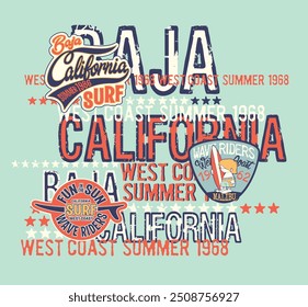 Baja California west coast wave rider surfing team cute vector print and patches for kid children summer beach wear shirt