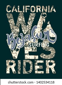 Baja Sur California surf wave rider  grunge vector print for boy t shirt